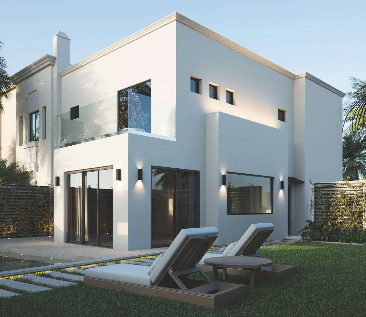 Renovation of a 4-bedroom townhouse in Springs with 3+1 bedrooms, offering 15.2% ROI, showcasing modern exterior design, large glass windows, and spacious outdoor area in Qatar's Springs community.