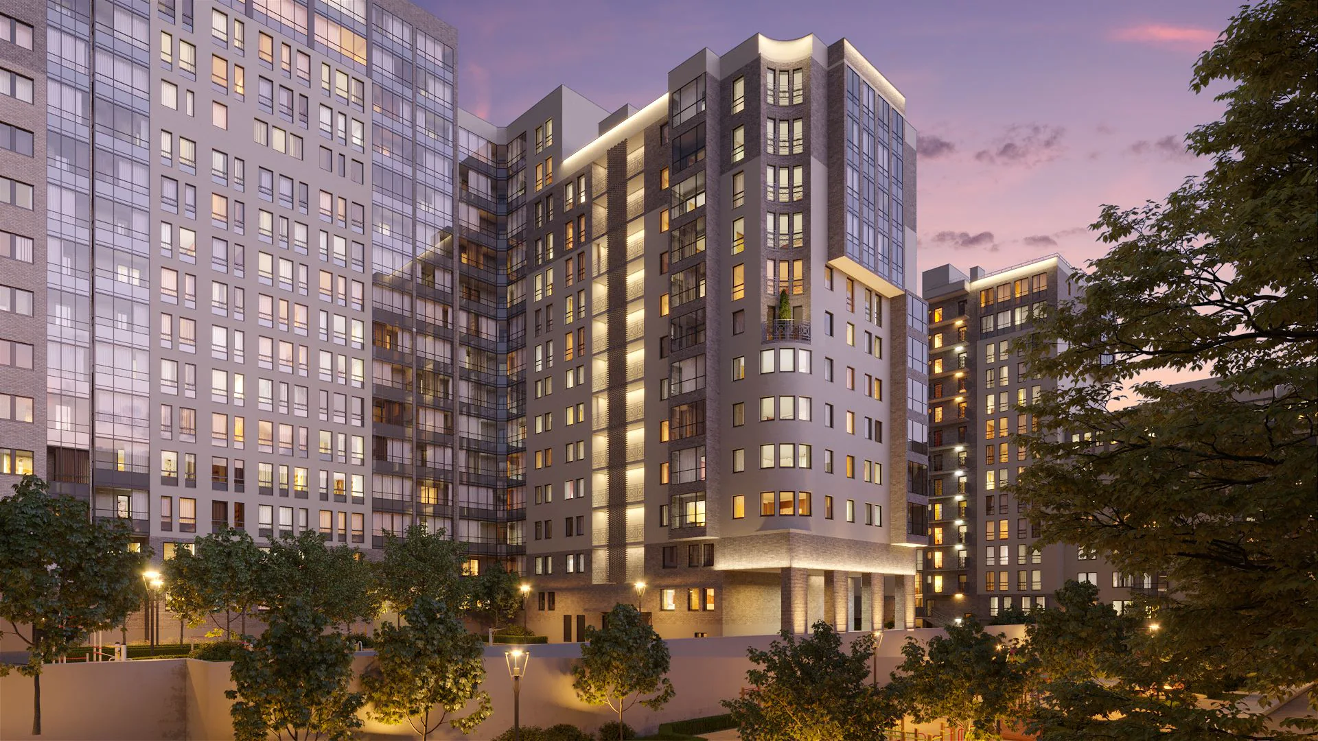 Residential complex Georg Landrin, featuring modern high-rise architecture, illuminated at dusk, offering premium apartments in a luxurious urban setting.