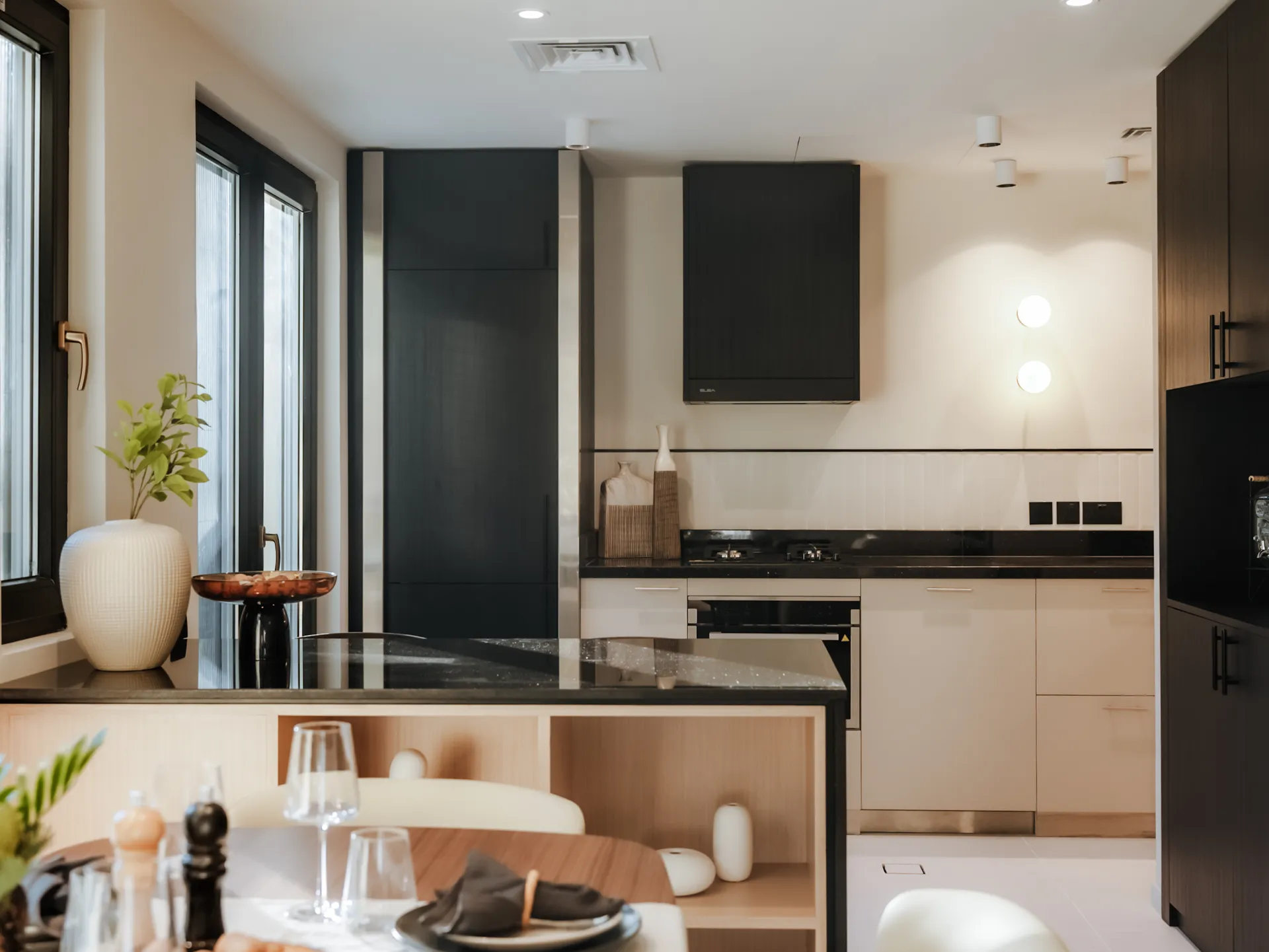 Modern kitchen in Springs 5 townhouse, featuring sleek cabinetry, neutral tones, and minimalist design elements in a luxurious Qatar community.